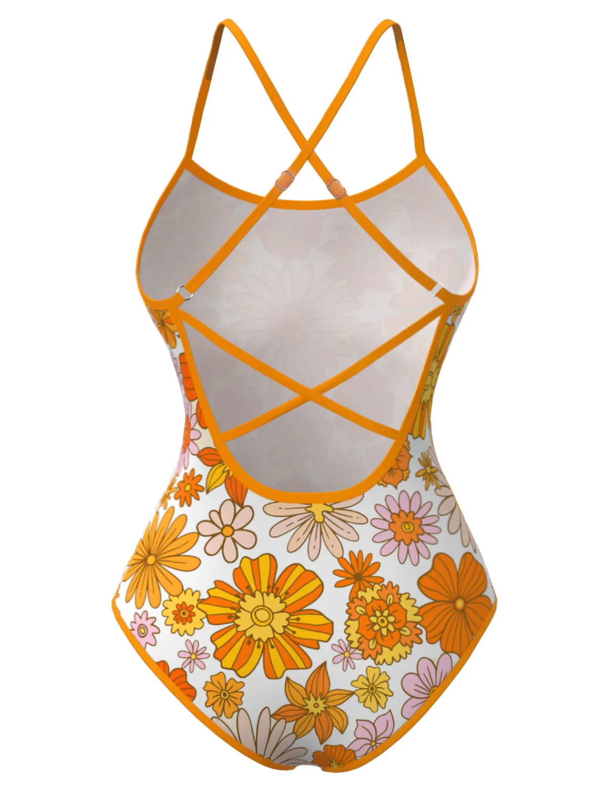 Fashion Retro Stage 1960s Daisy Cross Back One-Piece Swimsuit Orange