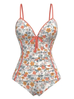 Outlet Retro Stage 1960s Daisy Lace-Up One-Piece Swimsuit Orange