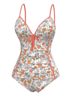 Outlet Retro Stage 1960s Daisy Lace-Up One-Piece Swimsuit Orange