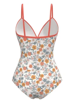 Outlet Retro Stage 1960s Daisy Lace-Up One-Piece Swimsuit Orange