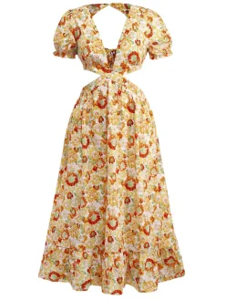 Best Retro Stage 1970s Deep V-Neck Sunflower Boho Dress Orange