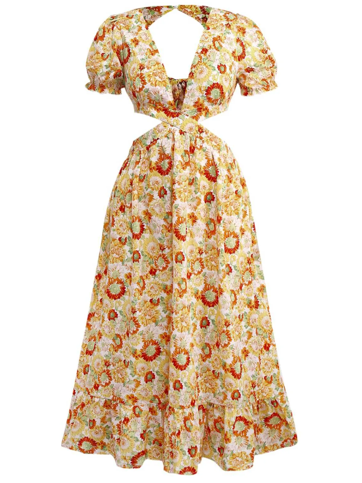 Best Retro Stage 1970s Deep V-Neck Sunflower Boho Dress Orange
