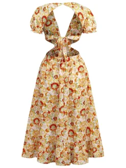 Best Retro Stage 1970s Deep V-Neck Sunflower Boho Dress Orange
