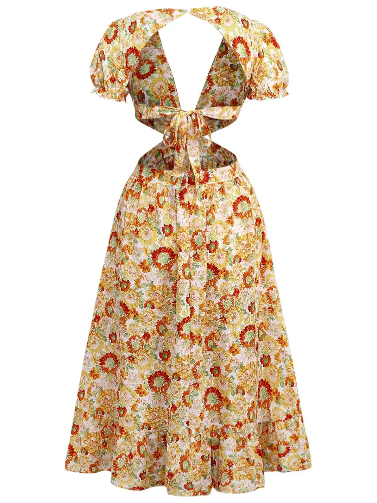 Best Retro Stage 1970s Deep V-Neck Sunflower Boho Dress Orange