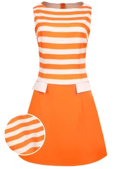 Online Retro Stage 1960s Drop Waist Stripe Dress Orange