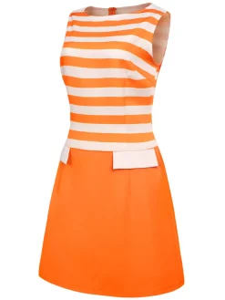 Online Retro Stage 1960s Drop Waist Stripe Dress Orange