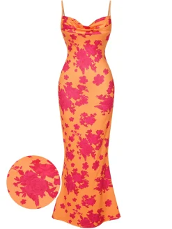 Online Retro Stage 1930s Floral Cowl Neck Fishtail Dress Orange