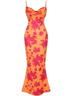 Online Retro Stage 1930s Floral Cowl Neck Fishtail Dress Orange