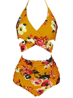 Online Retro Stage 1930s Floral Cross Bind Halter Swimsuit Orange