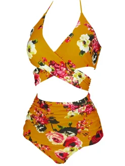 Online Retro Stage 1930s Floral Cross Bind Halter Swimsuit Orange