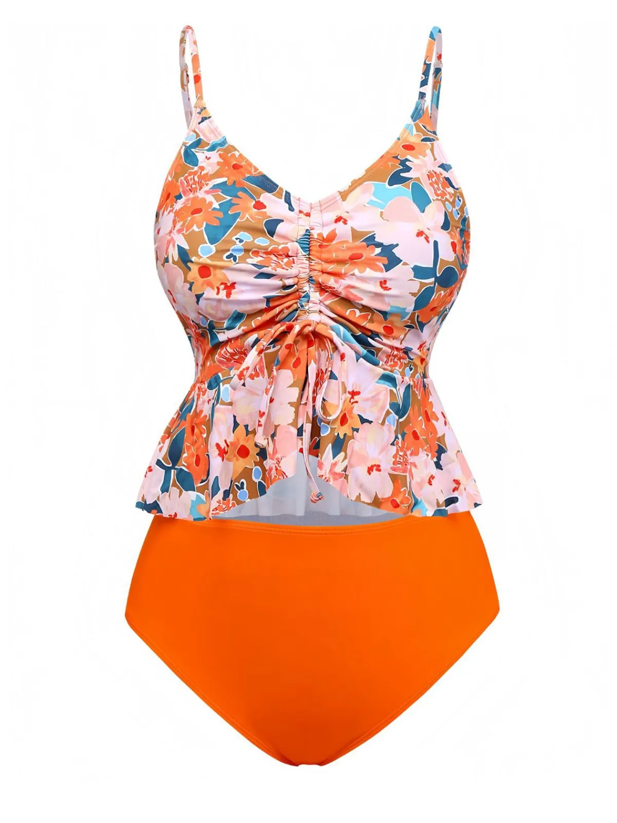 Sale Retro Stage 1970s Floral Drawstring Spaghetti Straps Tankini Set Orange