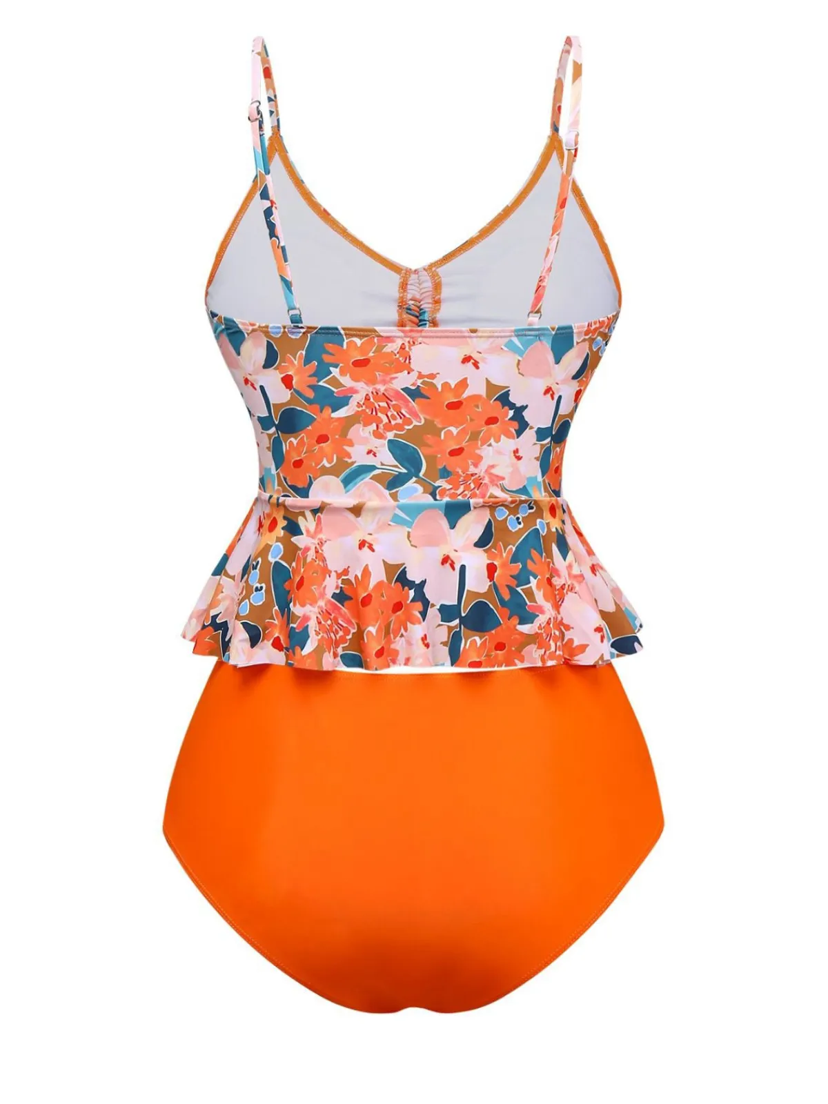 Sale Retro Stage 1970s Floral Drawstring Spaghetti Straps Tankini Set Orange