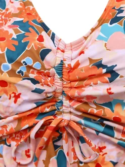 Sale Retro Stage 1970s Floral Drawstring Spaghetti Straps Tankini Set Orange