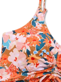 Sale Retro Stage 1970s Floral Drawstring Spaghetti Straps Tankini Set Orange