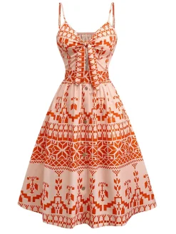 Discount Retro Stage 1940s Floral Print Lace-Up Cut-Out Dress Orange