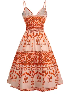 Discount Retro Stage 1940s Floral Print Lace-Up Cut-Out Dress Orange