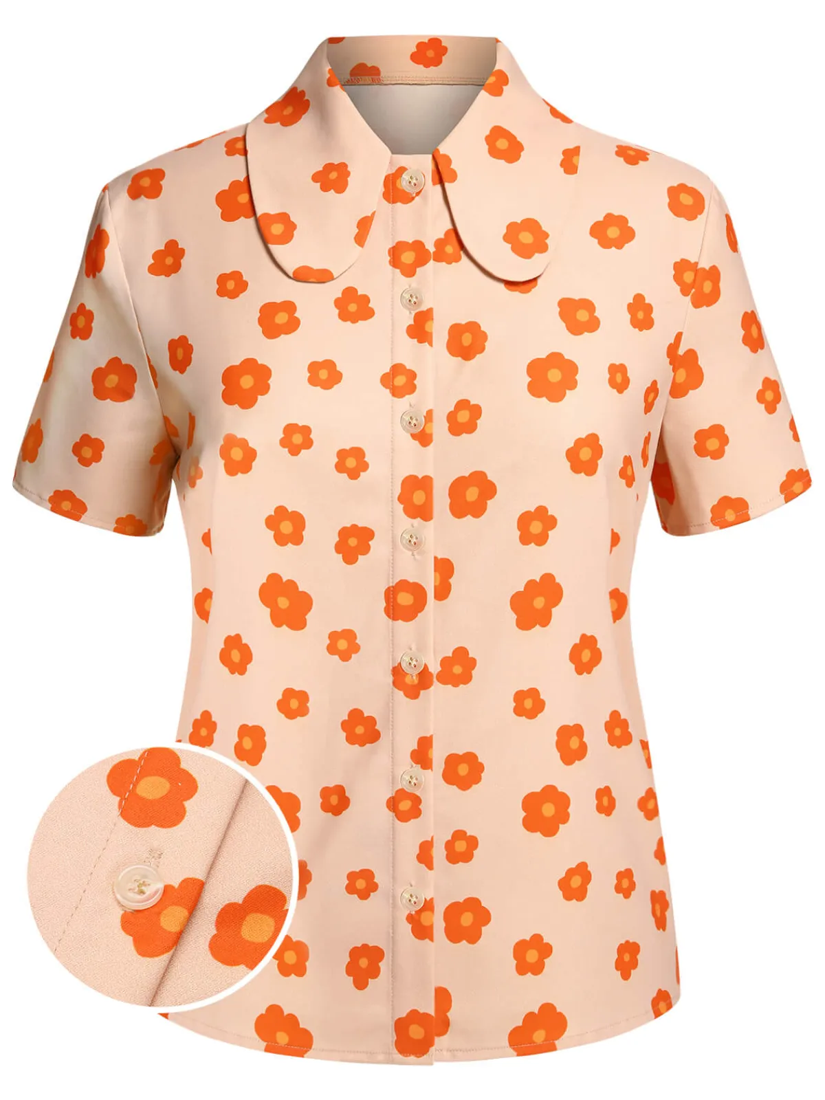 Online Retro Stage 1960s Floral Short Sleeves Shirt Orange