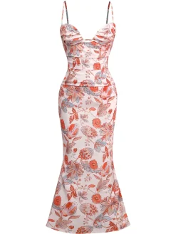 Online Retro Stage 1930s Floral Strappy Maxi Dress Orange