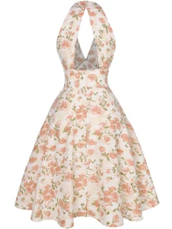 New Retro Stage Orange 1950s Floral V-Neck Dress