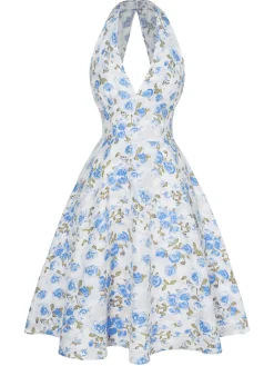 New Retro Stage Orange 1950s Floral V-Neck Dress