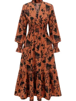 Sale Retro Stage 1950s Floral V-Neck High Waist Dress Orange