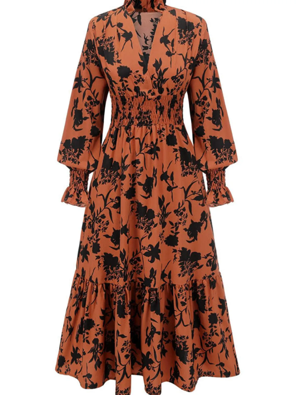 Sale Retro Stage 1950s Floral V-Neck High Waist Dress Orange