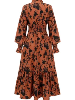 Sale Retro Stage 1950s Floral V-Neck High Waist Dress Orange
