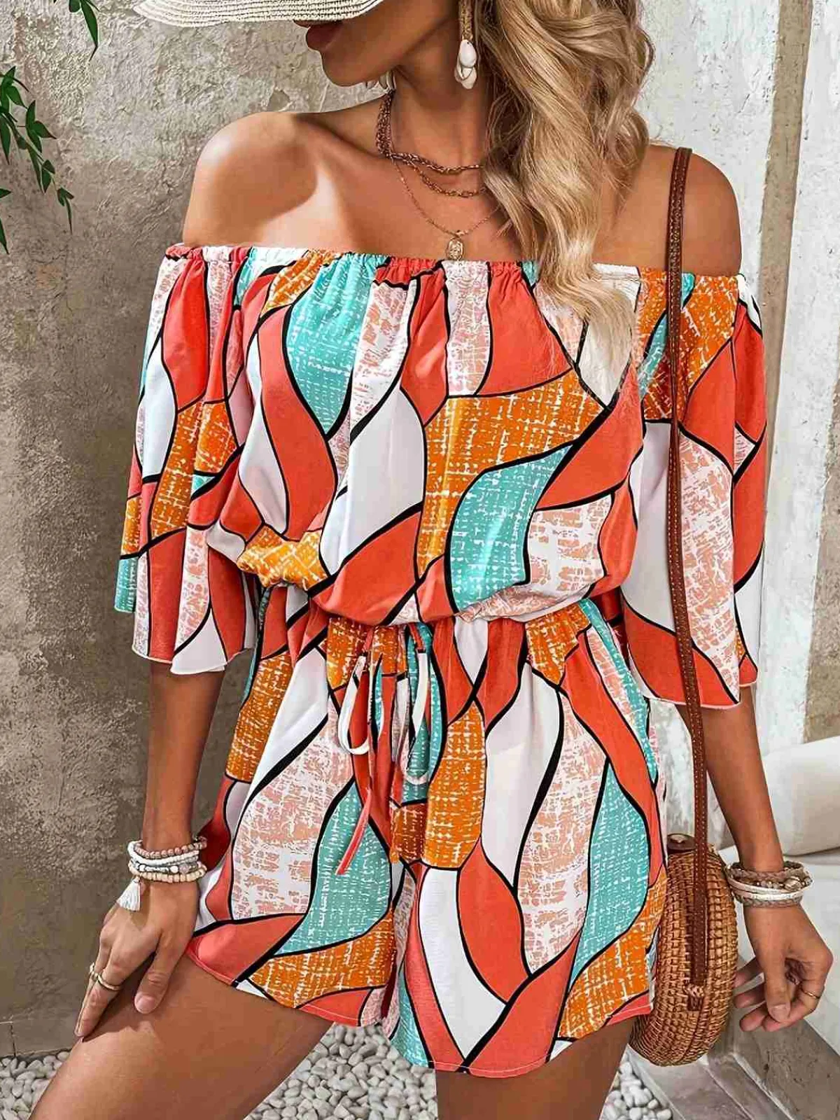 Online Retro Stage 1950s Geometric Drawstring Off-Shoulder Romper Orange