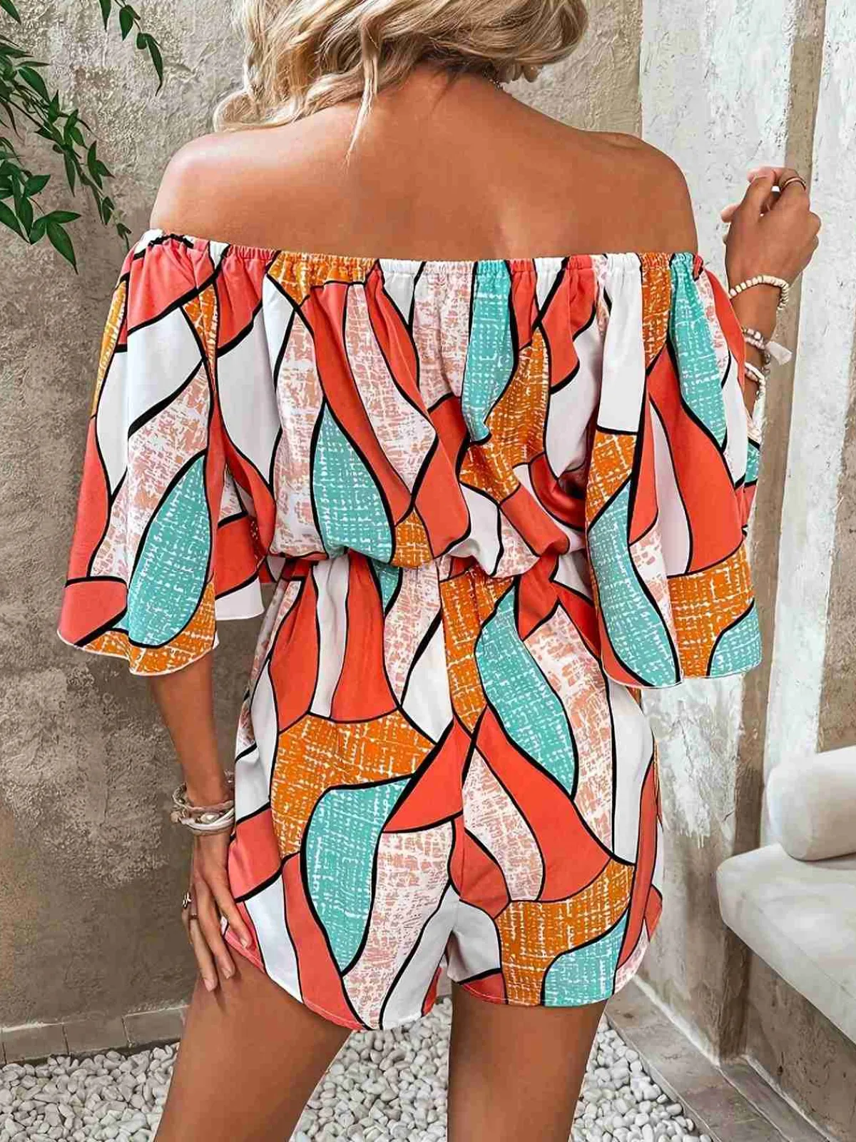 Online Retro Stage 1950s Geometric Drawstring Off-Shoulder Romper Orange