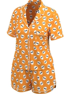 Hot Retro Stage 1970s Halloween Cartoon Skull Pajamas Orange