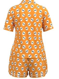 Hot Retro Stage 1970s Halloween Cartoon Skull Pajamas Orange