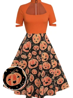 New Retro Stage 1950s Halloween Pumpkin Swing Dress Orange