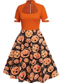 New Retro Stage 1950s Halloween Pumpkin Swing Dress Orange
