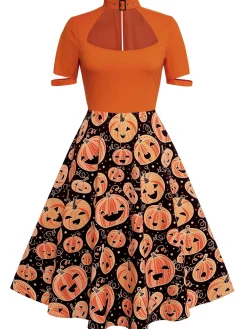 New Retro Stage 1950s Halloween Pumpkin Swing Dress Orange