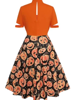 New Retro Stage 1950s Halloween Pumpkin Swing Dress Orange