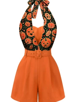 Hot Retro Stage 1950s Halloween Pumpkin Halter Romper Orange