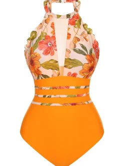 Hot Retro Stage 1960s Halter Floral One-Piece Swimsuit Orange