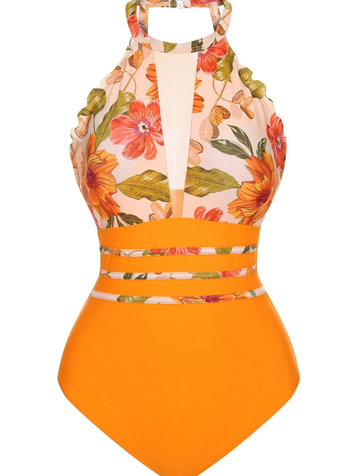 Hot Retro Stage 1960s Halter Floral One-Piece Swimsuit Orange
