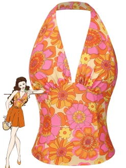 New Retro Stage 1960s Hippie Floral Halter Top Orange