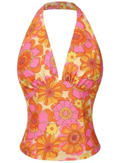 New Retro Stage 1960s Hippie Floral Halter Top Orange