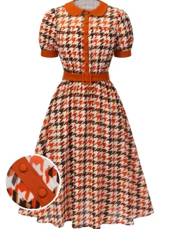 New Retro Stage 1940s Houndstooth Doll Collar Dress Orange
