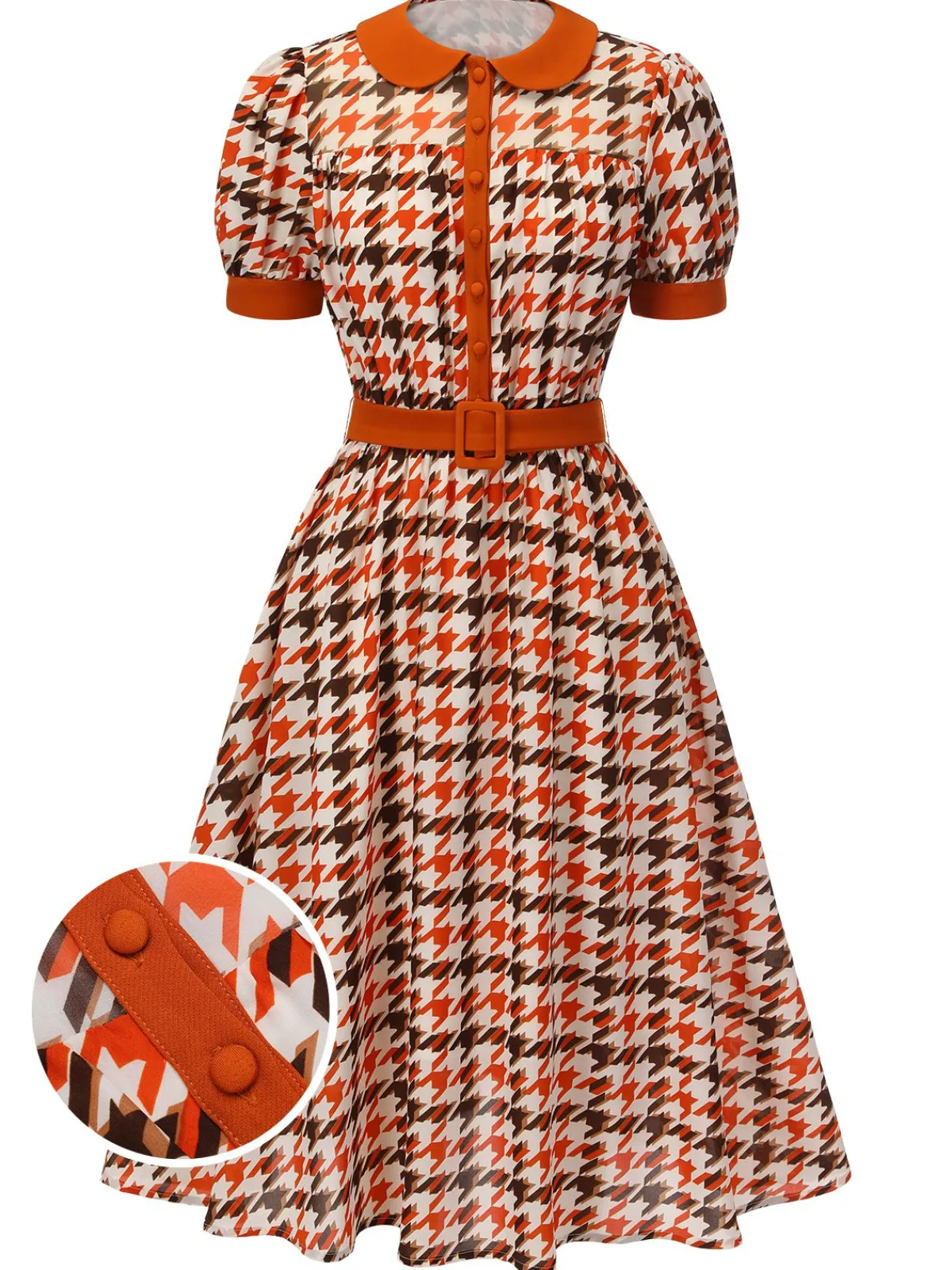 New Retro Stage 1940s Houndstooth Doll Collar Dress Orange
