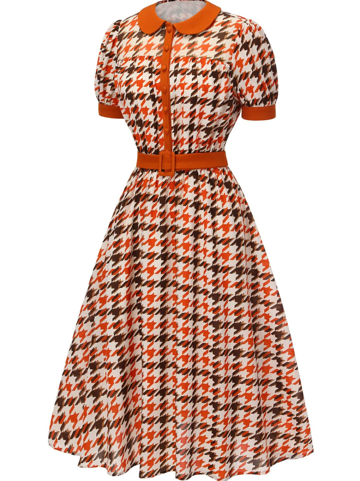 New Retro Stage 1940s Houndstooth Doll Collar Dress Orange