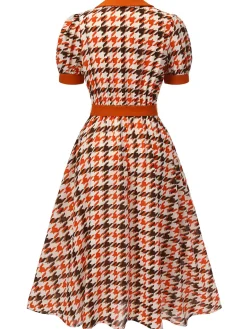 New Retro Stage 1940s Houndstooth Doll Collar Dress Orange