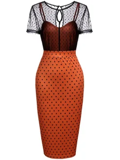 Best Retro Stage 1960s Illusion Bodycon Dress Orange