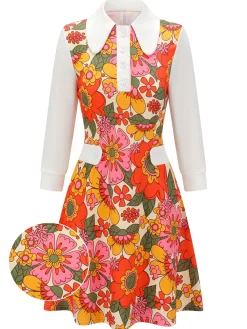 Clearance Retro Stage Orange 1960s Lapel Flowers Patchwork Dress