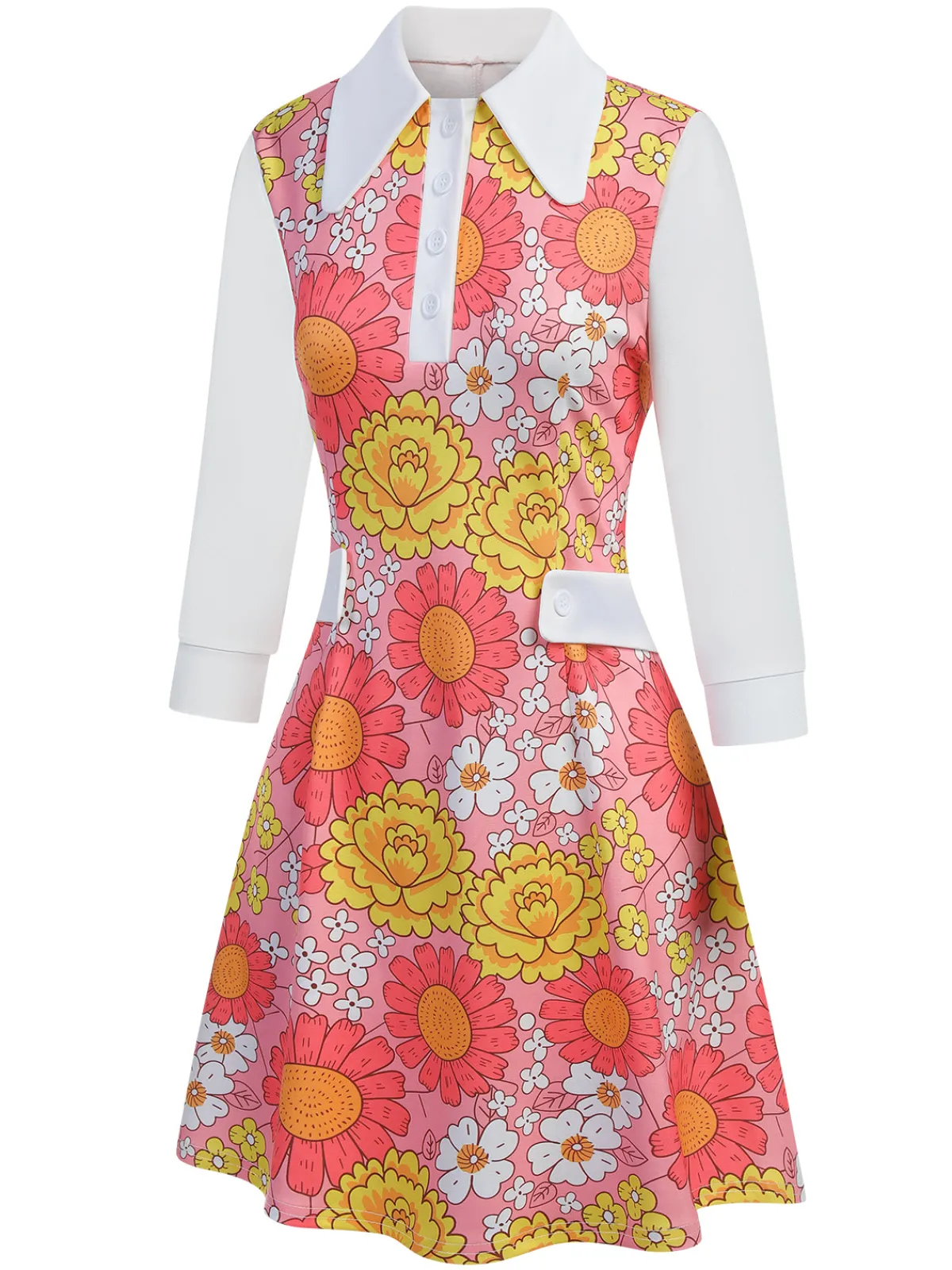 Clearance Retro Stage Orange 1960s Lapel Flowers Patchwork Dress