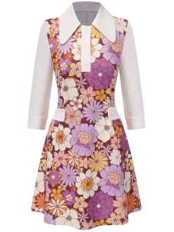 Clearance Retro Stage Orange 1960s Lapel Flowers Patchwork Dress
