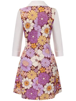 Clearance Retro Stage Orange 1960s Lapel Flowers Patchwork Dress