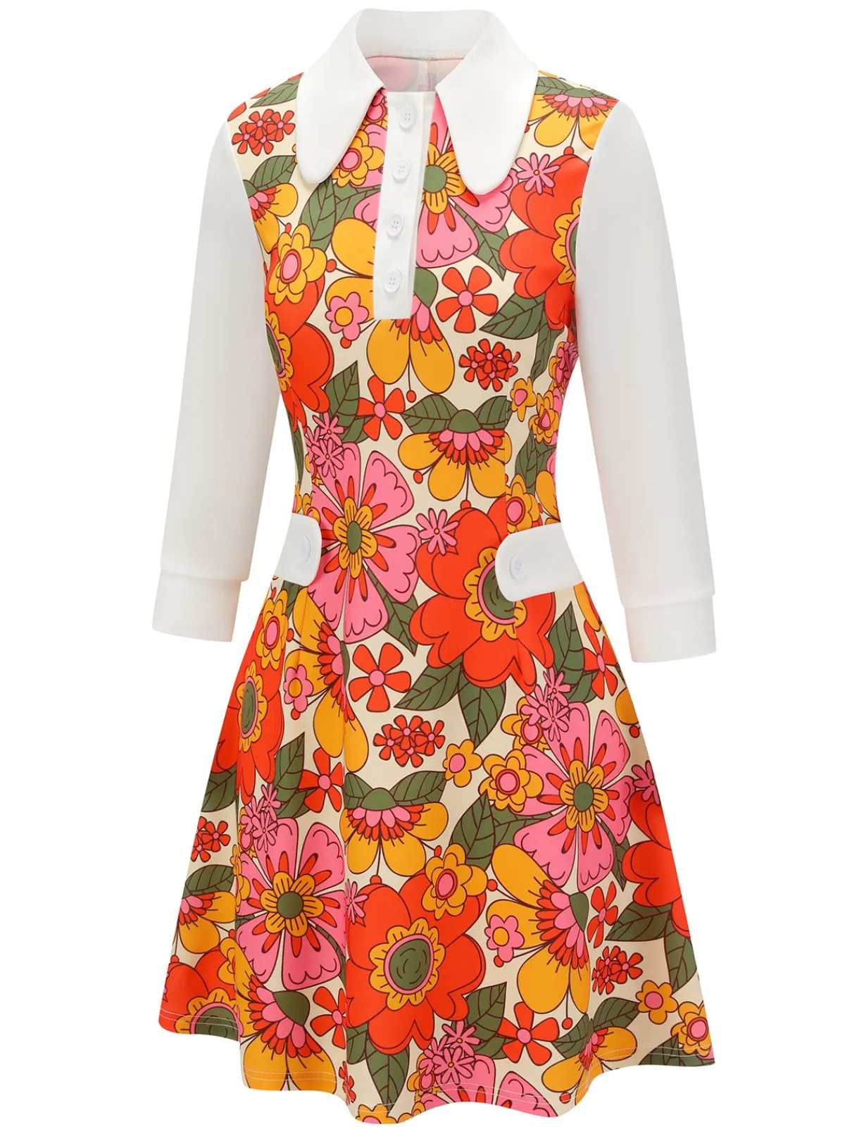 Clearance Retro Stage Orange 1960s Lapel Flowers Patchwork Dress